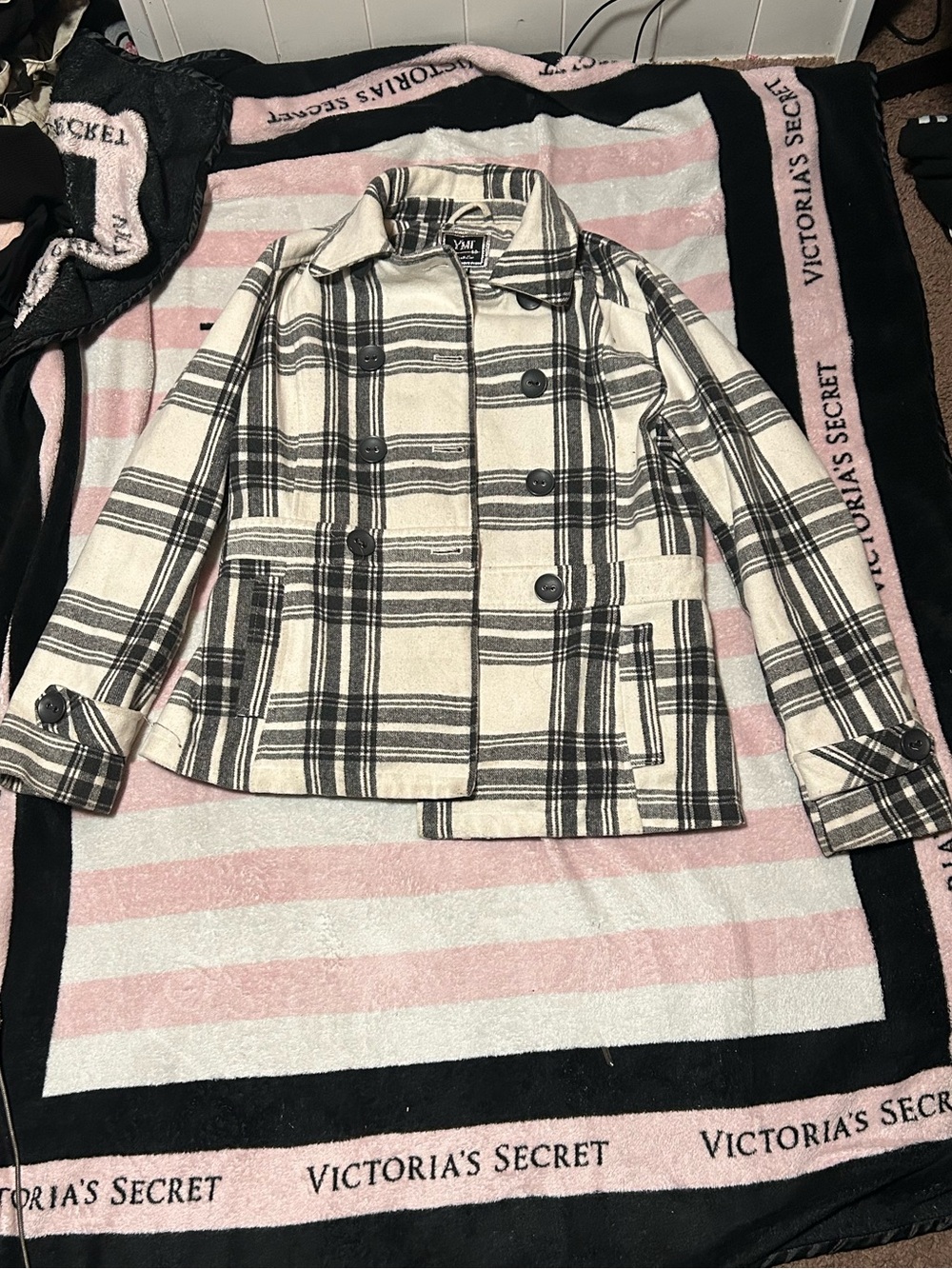 YMI Cream and Black Plaid Coat with Double-Breasted Detail